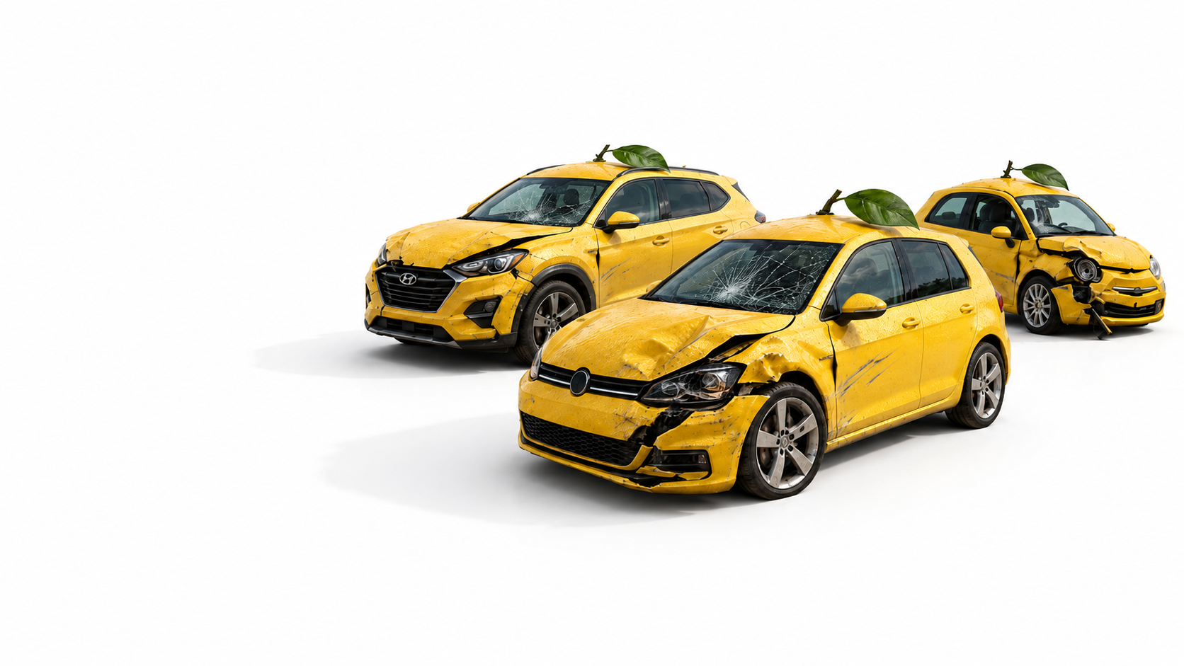 Three damaged lemon-yellow cars with cracked windscreens and green leaves